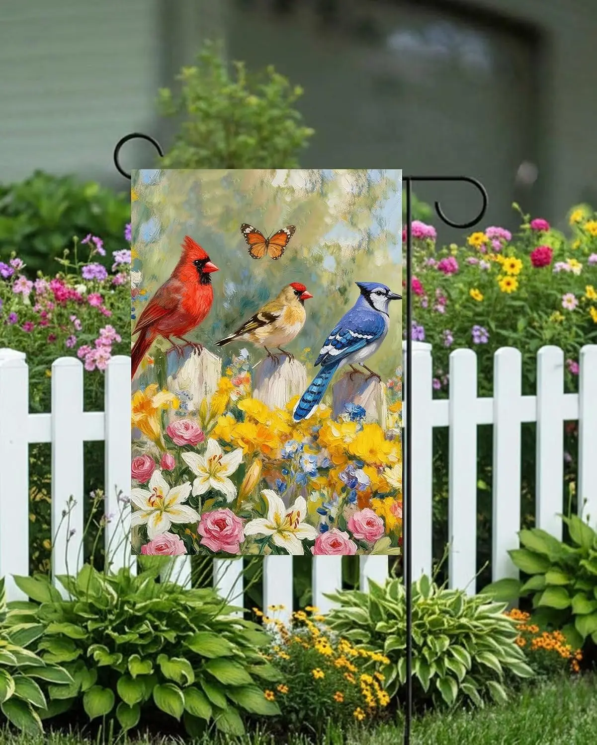 Oil Painting Cardinal Blue Birds Fence Butterfly Spring Flowers Garden Yard Flag 12