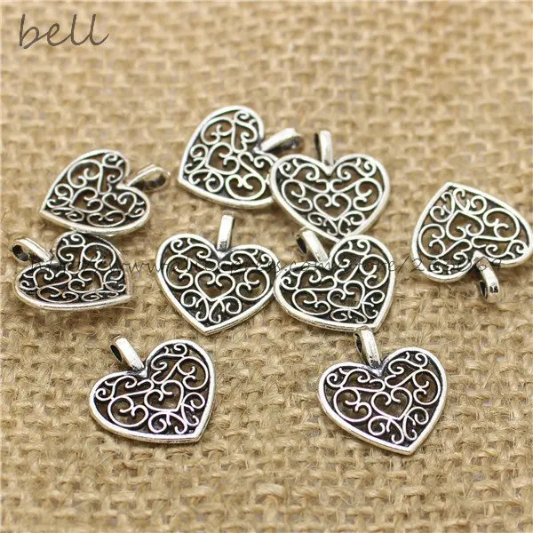 100Pcs 15*16mm Hollow Filigree Heart Charms Three Color Vintage Metal  Trendy Heart Pendant for Jewelry