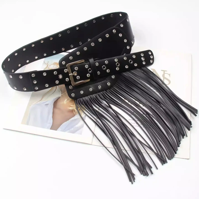 

Панк-ремни с нерегулярным широким поясом для женщин, черные, кофейные, винтажные, с заклепками, из искусственной кожи, с бахромой, в стиле Y2K, Cinturon Mujer