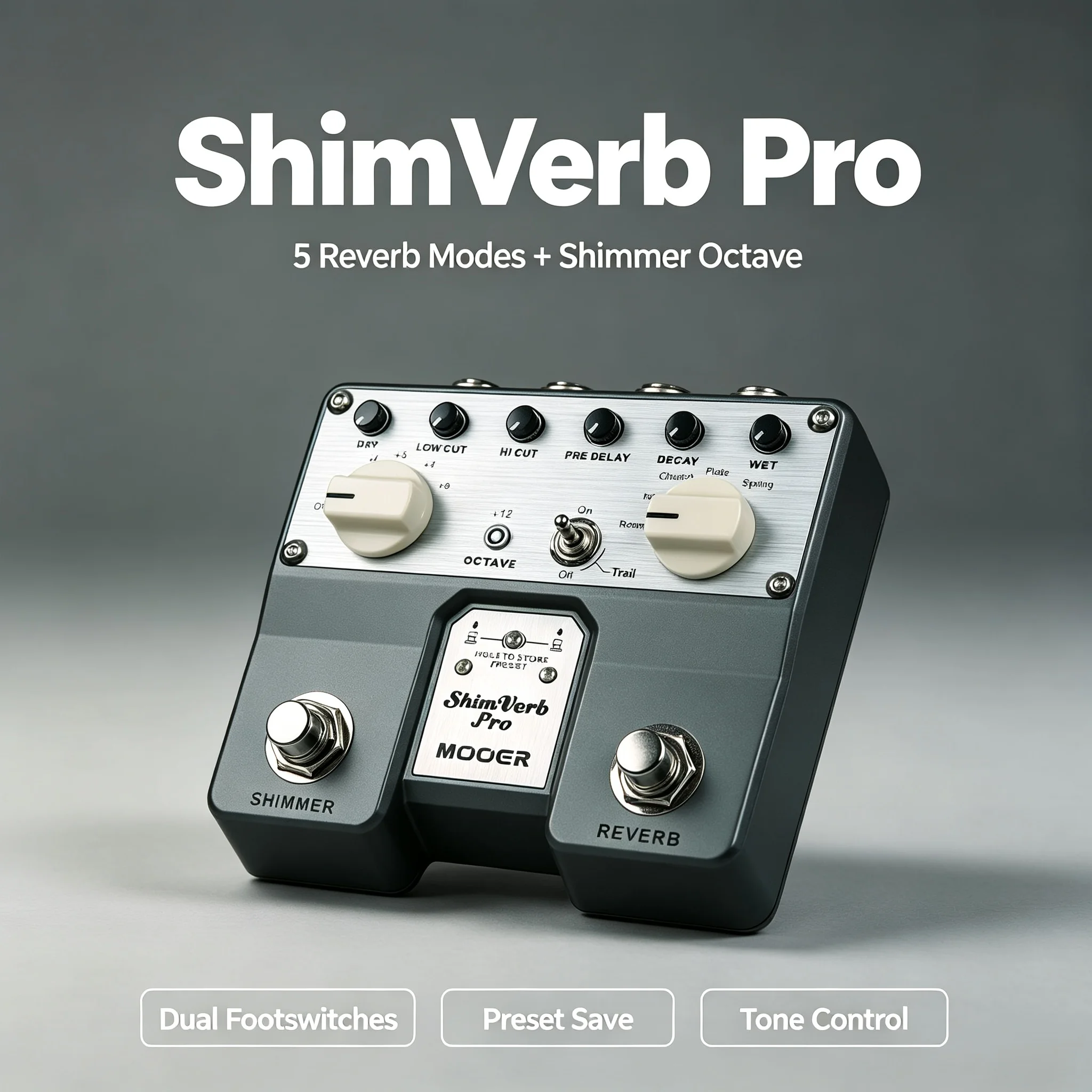 MOOER ShimVerb Pro Reverb Guitar Pedal with 5 Modes Shimmer Octave Dual Footswitch Preset Storage Trail