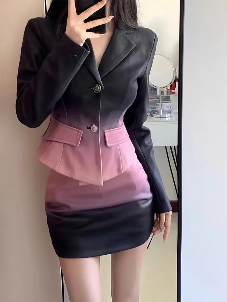 Mode würzige Mädchen Set Kleid Herbst Winter neue Farbe blockiert Slim Fit Anzug Jacke sexy Wickel Hüftrock plus Größe setzt Frauen