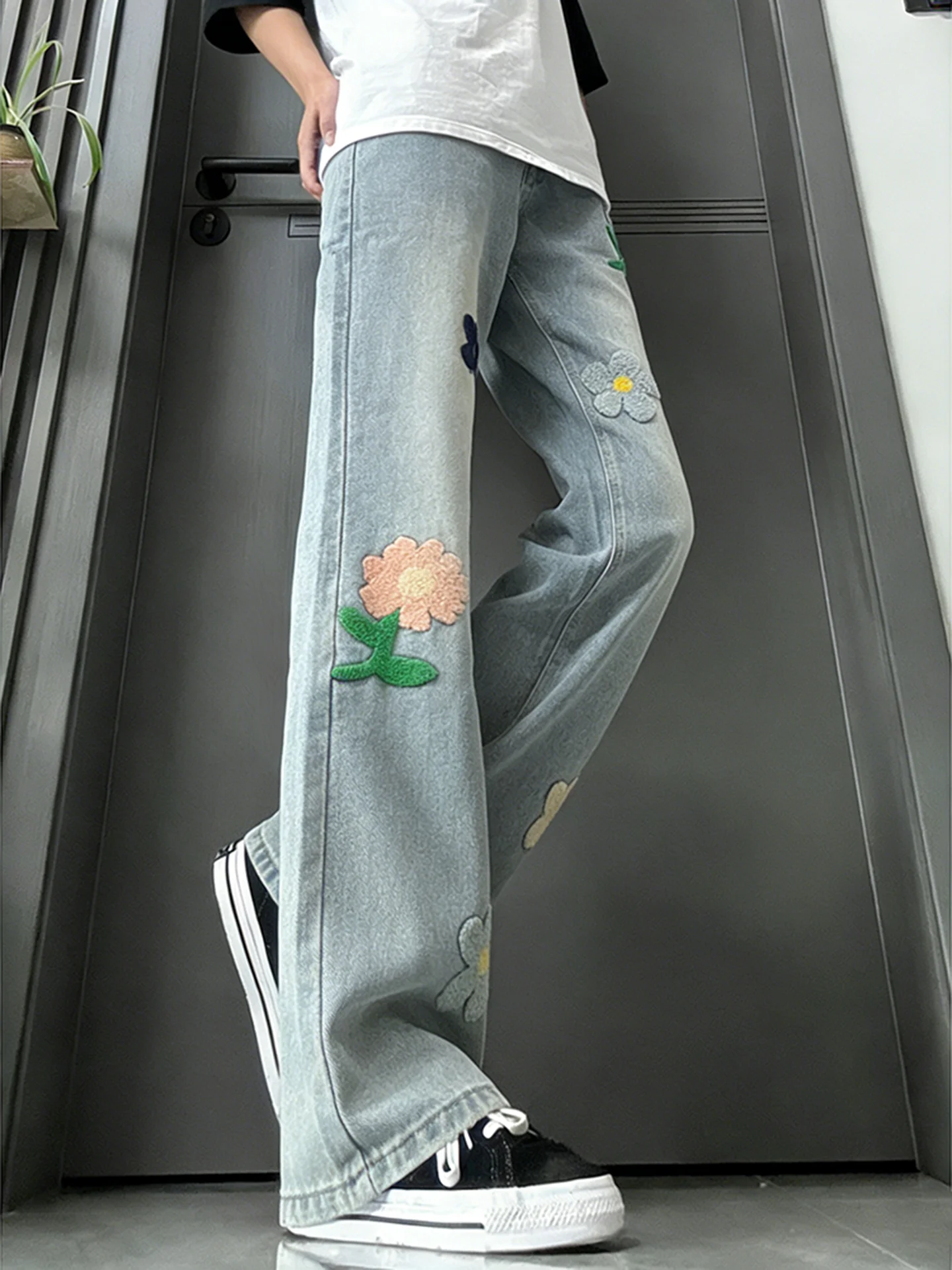 

Модные джинсы с цветочной вышивкой и расклешенными штанинами, унисекс, в американском уличном стиле, прямые брюки-кюлоты из хлопка и полиэстера