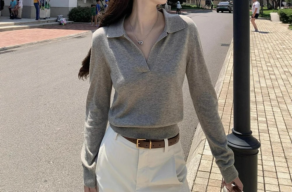 

Gray POLO Neck Temperament Knitted Sweater Women's Autumn Retro V-neck Bottoming Shirt Loose Top