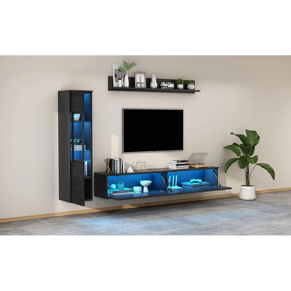 3-teiliges TV-Wohnzimmer-Wandset mit LED-Beleuchtung, Hochglanz-Möbelset, TV-Schrank, Vitrine und Hängeregal, für Fernseher bis zu 80 Zoll – Detail 7