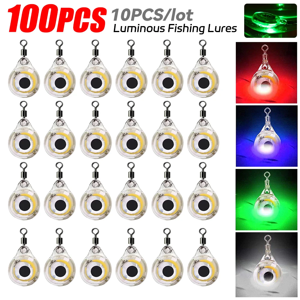 100PCS Mini Fishing Lure Light Underwater Eye Shape Luminous Lures Light LED Sea Fishing Squid Fishing Bait for Attracting Fish