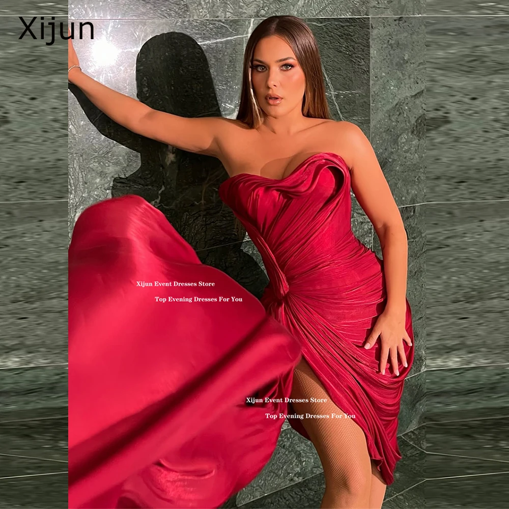 

Xijun Sexy Red Mermaid Evening Dresses Sweetheart Pleated Split Formal Prom Dresses Sleeveless Long Prom Gowns Women Customized