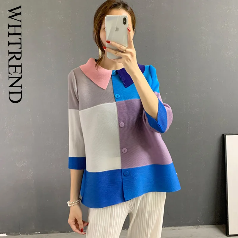 

WHTREND Pleated Shirts For Women Three-quarter Sleeves Color Block Printing Stylish Loose Top Autumn New WH1159
