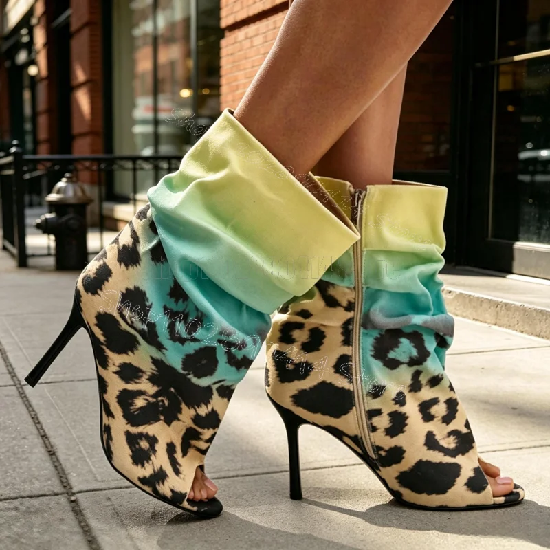 Gradient Color Leopard Print Pleated Sandals Boots Side Zipper Women Shoes Thin High Heels Party Feast 2026 Zapatos Para Mujere