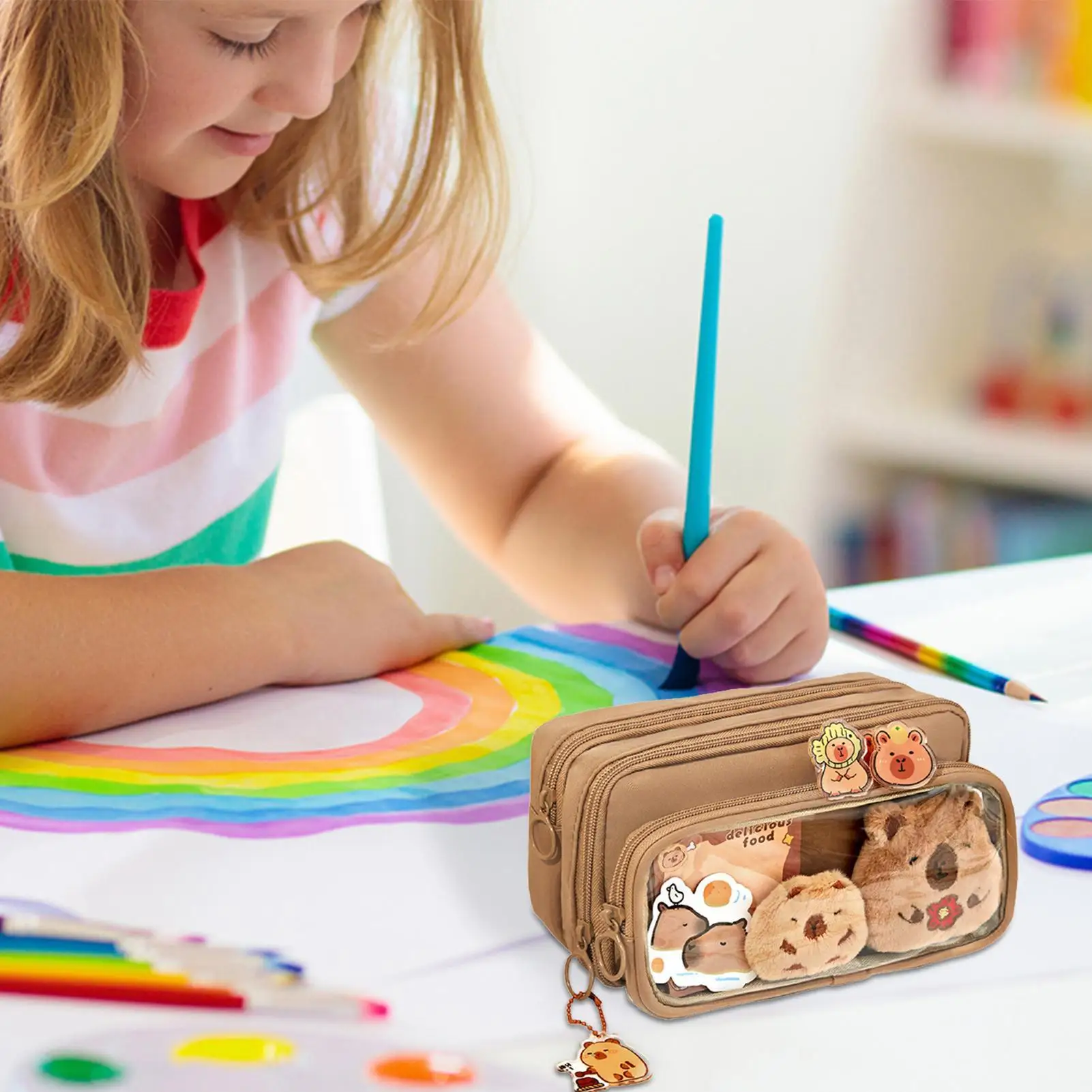 กระเป๋าใส่เครื่องเขียนลายคาปิบาร่าสุดน่ารัก ชุดเครื่องเขียนความจุเยอะ สำหรับใช้ในห้องเรียน สำนักงาน และมหาวิทยาลัย