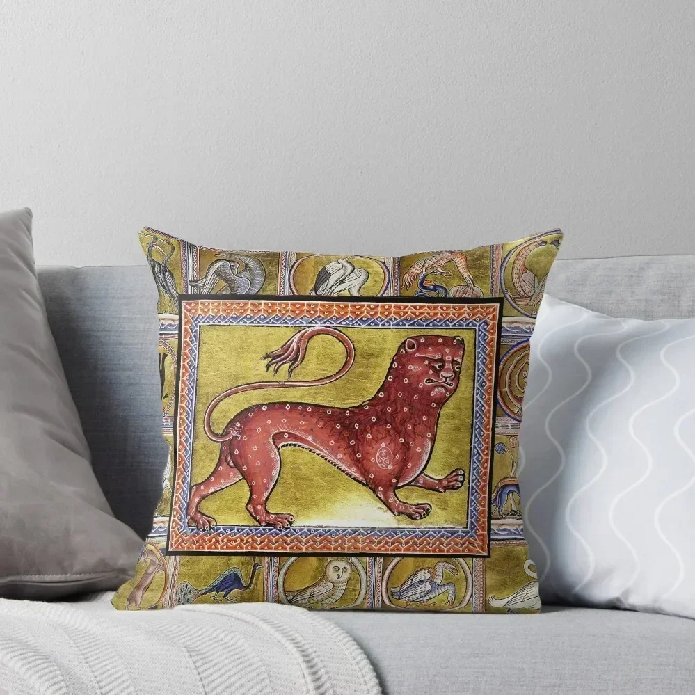 

MEDIEVAL BESTIARY,LEOPARD, FANTASTIC ANIMALS IN GOLD RED BLUE COLORS Throw Pillow Pillow Cases Pillowcases For Pillows pillow