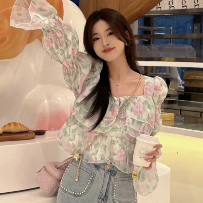 Flare Sleeve Blouses Women Temper Ruffles Floral All-match Crop Tops Prairie Chic Fashion Sweet Ulzzang Casual Spring Females