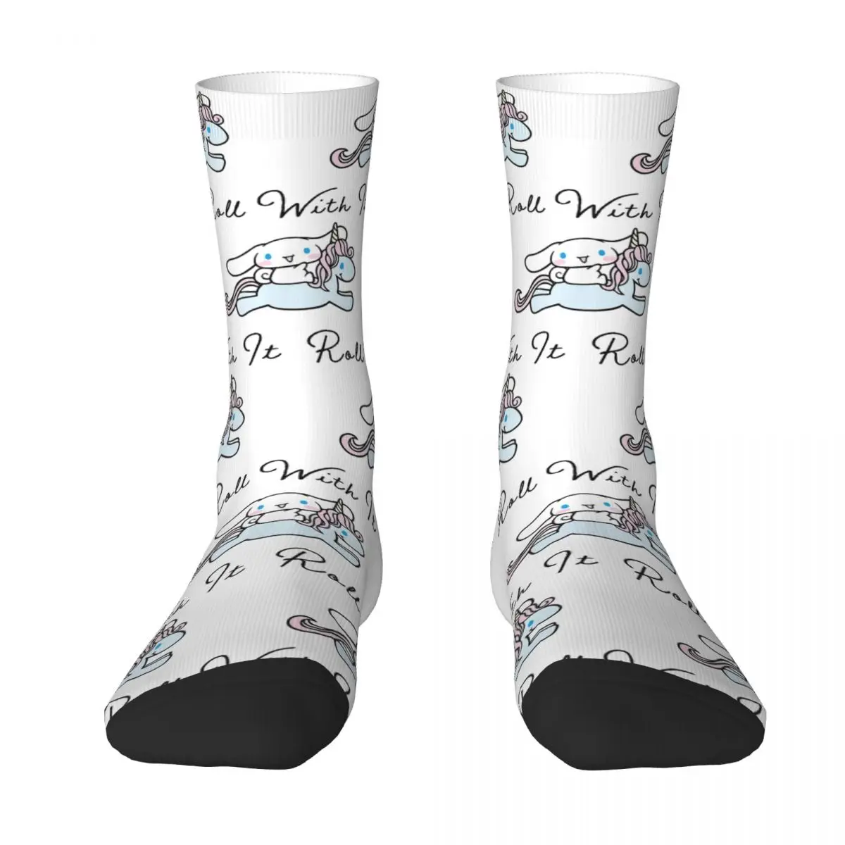 Funny Cinnamoroll Roll With It Sports Socks Cute Polyester Middle Tube Socks for Unisex Breathable