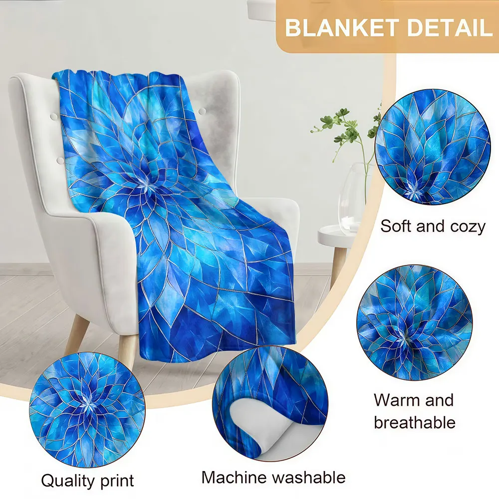Blue Stained Glass Mandala Soft Warm Flannel Blanket Lightweight Cozy Christmas Halloween Home Decor Room