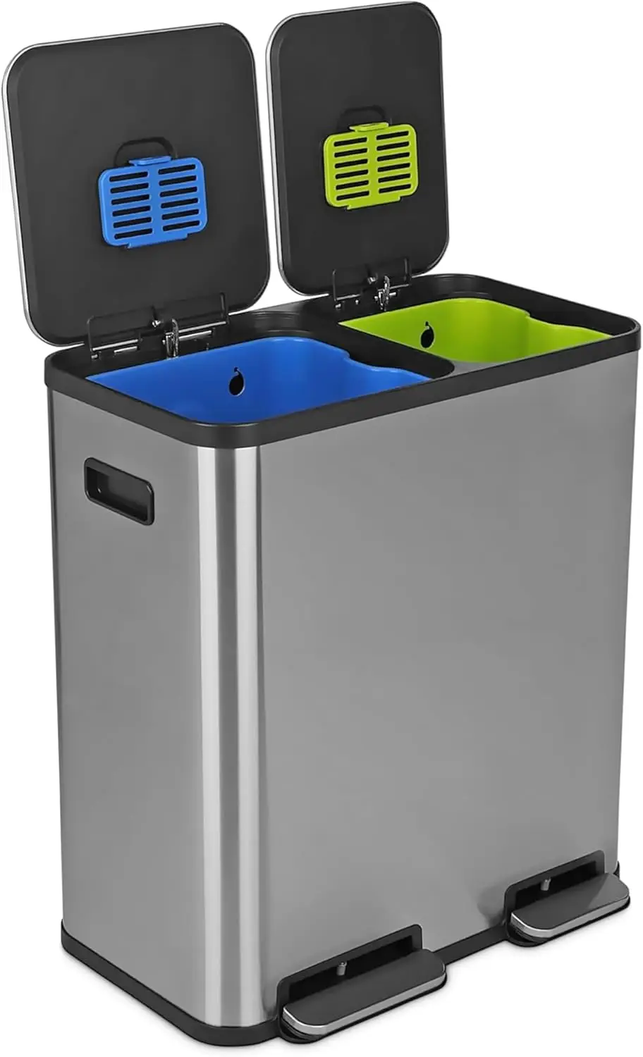 

Dual Compartment Step Trash Can with Slow-Close Lid, 40L & 30L Bins for Waste & Recycling, Stainless Steel