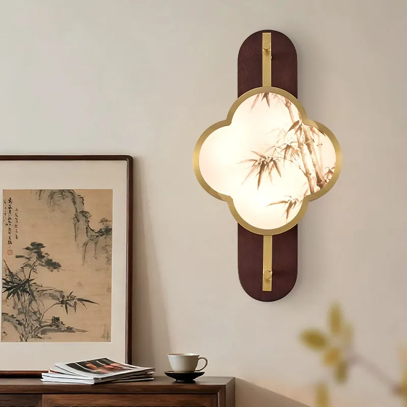 Nordic Copper Wall Lamp New Chinese Style Living Room Dining Room Bedroom Retro Landscape Painting Wall Light High-end Sconces