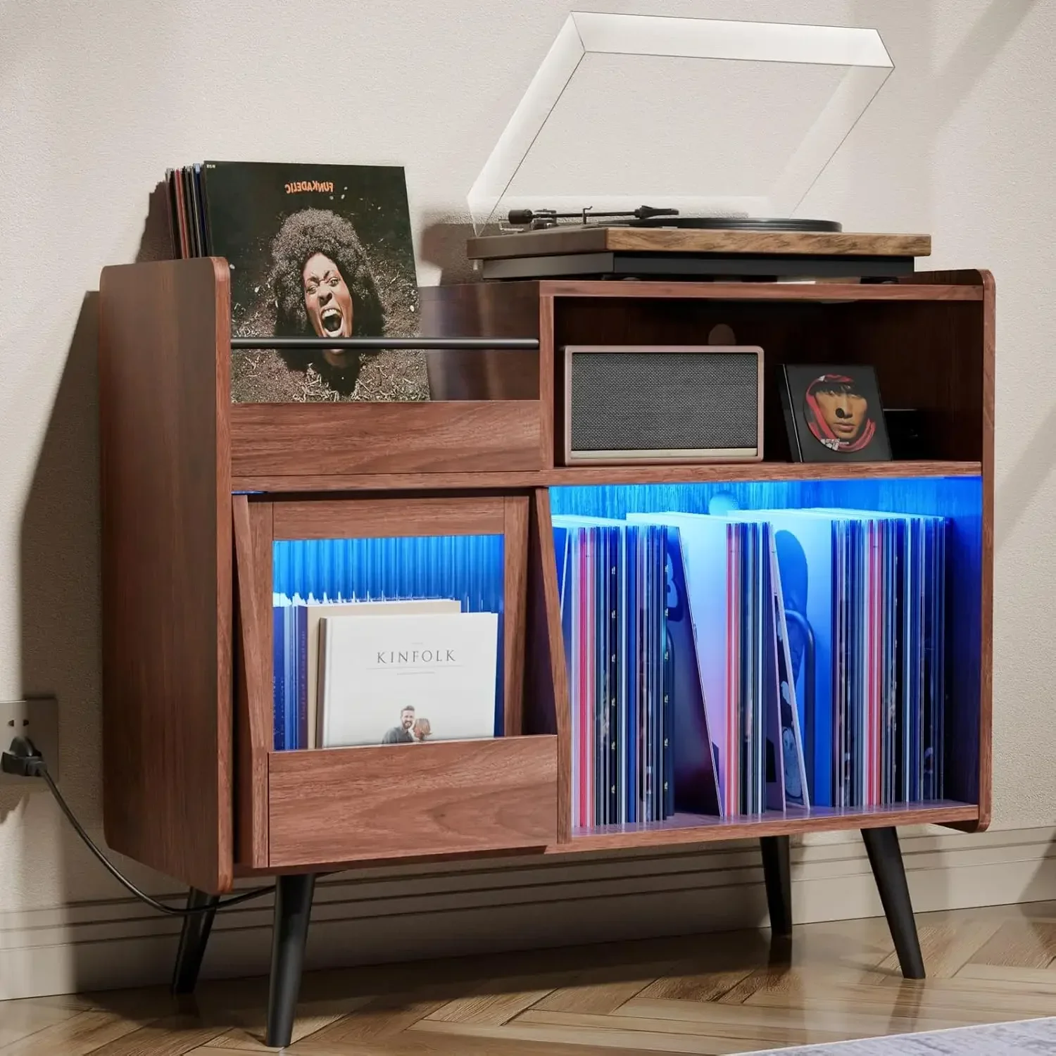 Loomie Upgraded Large Record Player Stand,Turntable Stand Shelf with with Power Outlet and LED Light,Vinyl Record Storage Cabine