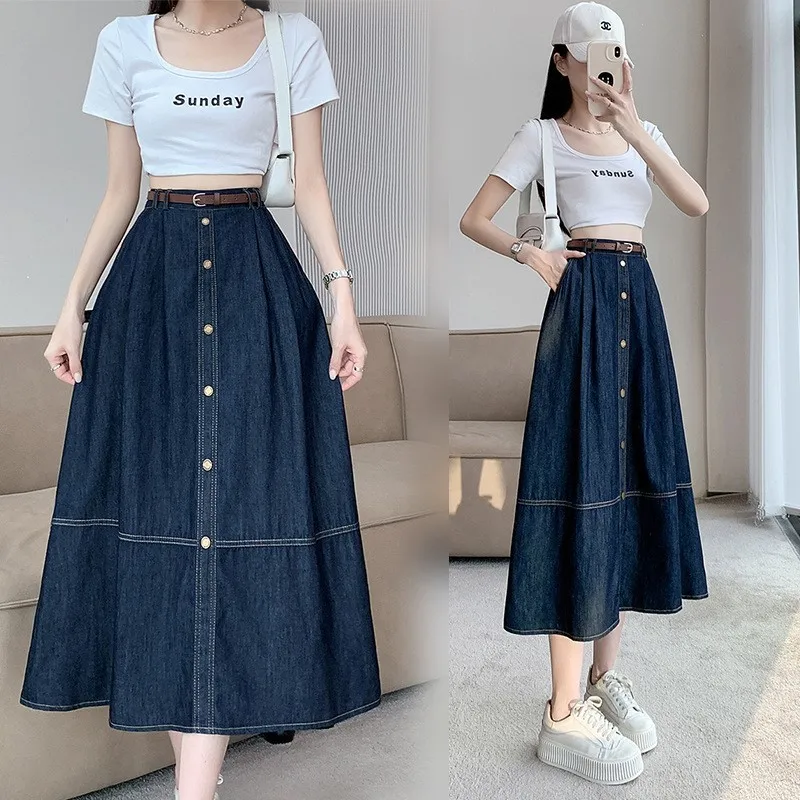 

Maxi Long Skirts Women Summer Casual High Waisted Jean Skirt Ladies Splicing A-Line Ruffle Denim Skirt Plus Size 3XL NS5894