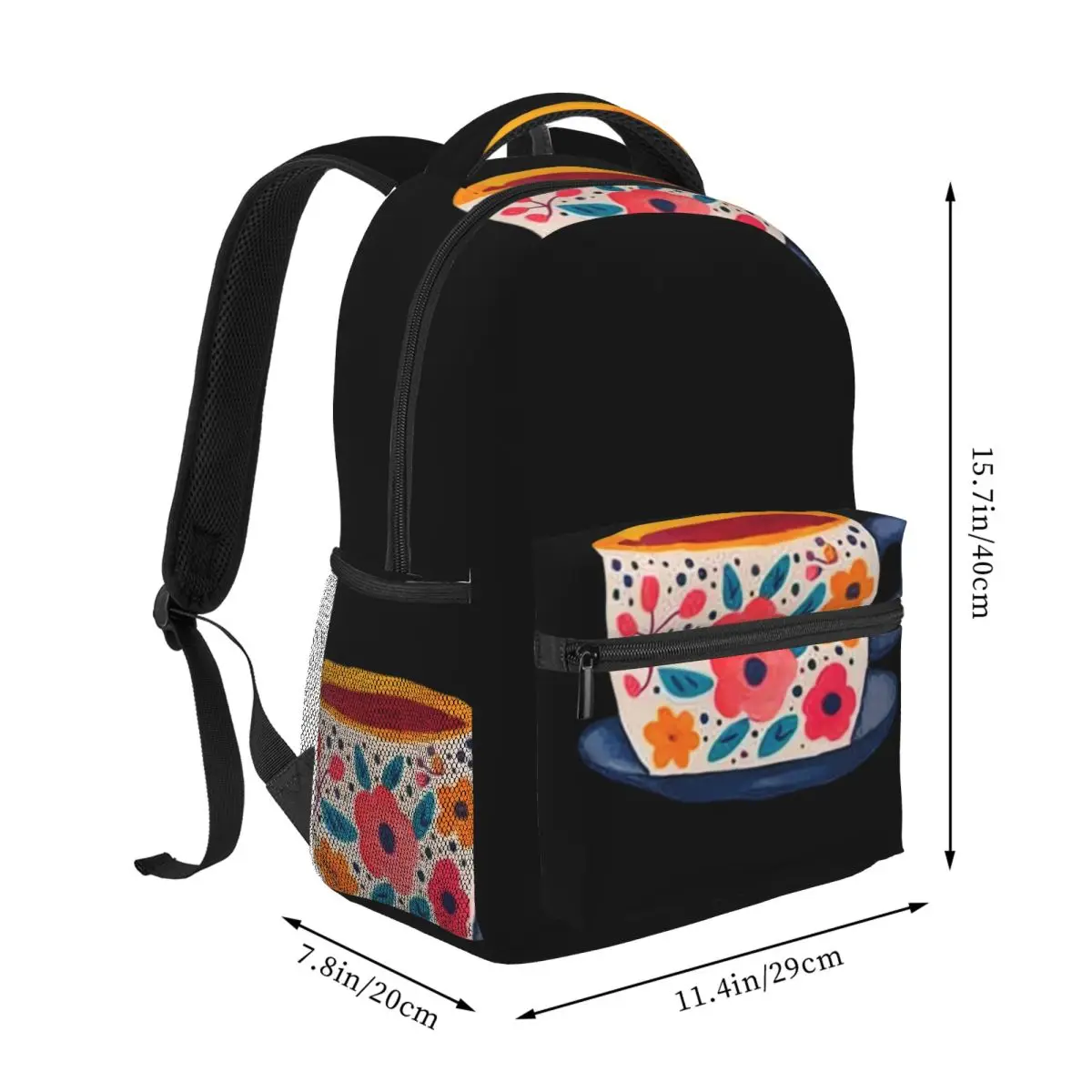 BP0142 - Center Floral Coffee Cup Quote - Mexican Folk Kitchen - Blue Red Orange White