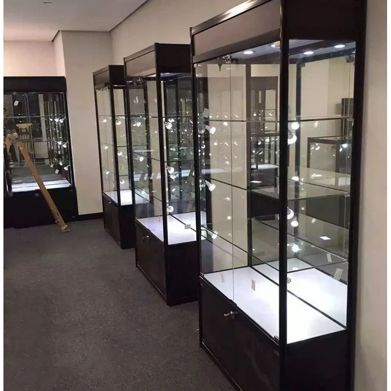 Customized cheap glass display showcase shop locable LED light smoke shop showcase