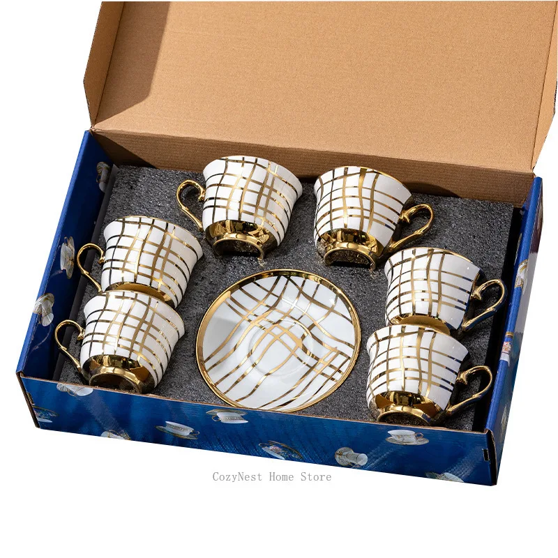 Gold Trim Coffee Cups & Saucer Set, High-End Home Tea Cups for Afternoon Tea, Beauty Salon Glassware