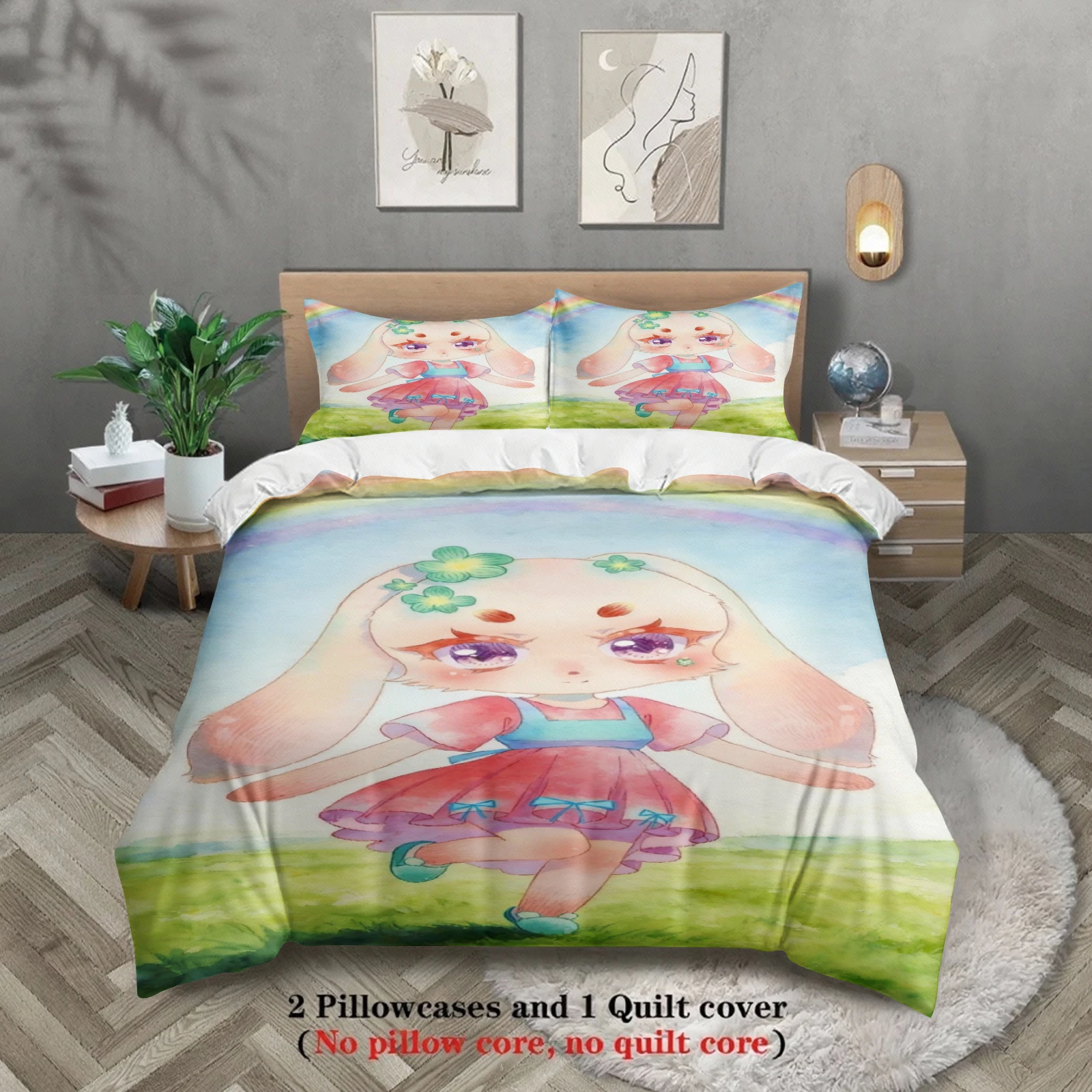 

Комплект постельного белья Softville Cozy Town из 3 предметов: пододеяльник с принтом «Кролик на свежей луговой местности», без наполнителя, в мультяшном стиле, размеры Queen и King