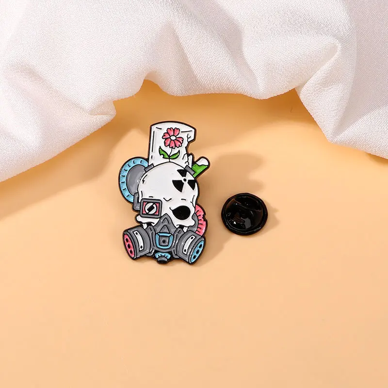 Skull Gas Mask Enamel Pin Nuclear Radiation Symbol Lapel Badge, Cartoon Skeleton With Flower Brooch Punk Gothic Jewelry Backpack