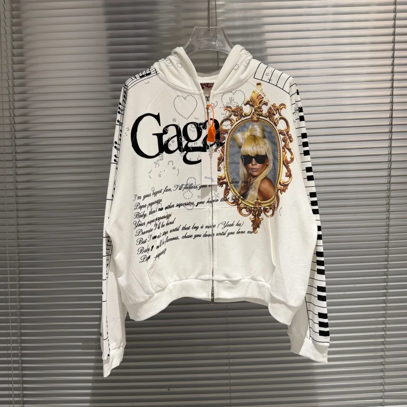 White Fashion Winter People Piano Letters Rhinestones Praying Print Hoodie Sweatshirt Jacket