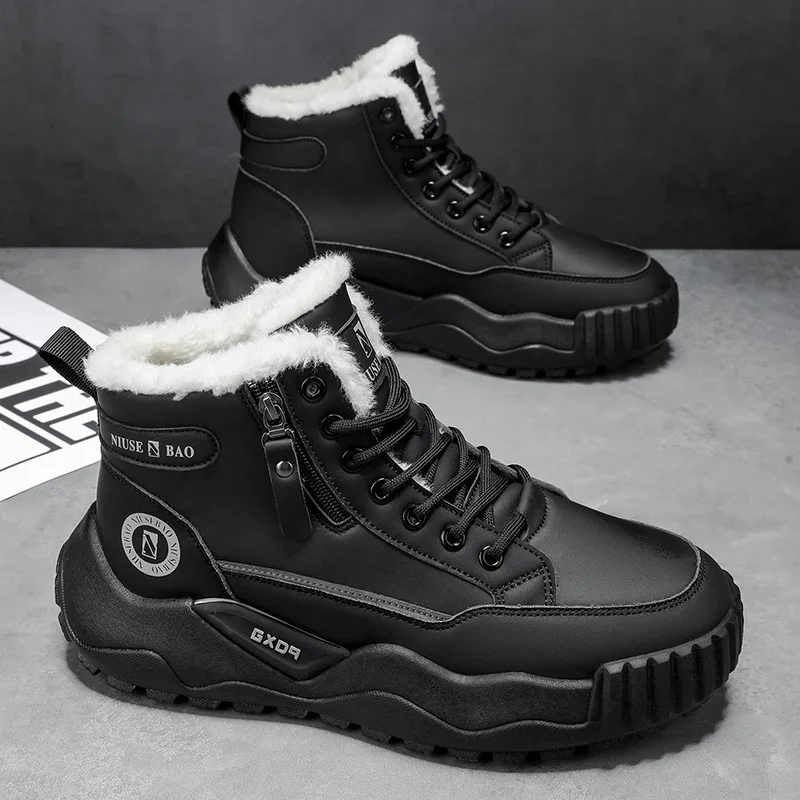 أحذية رجالية شتوية بنعل سميك، أحذية صوفية وسميكة من القطن الدافئ، أحذية رجالية متوسطة الارتفاع مقاومة للبرد في الهواء الطلق