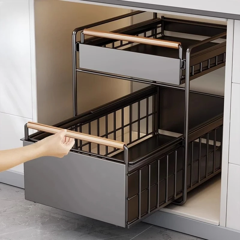 Under Sink Organizer - Pull-out Tiered Shelf for Kitchen Cabinet | Adjustable Storage Rack with Drawers, Spice & Dish Organizer