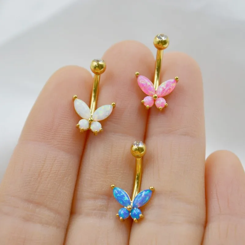 10PCS Surgical Steel  Opal Butterfly Navel Belly Button Bar Internally Threaded Navel Rings Body Piercing Jewelry