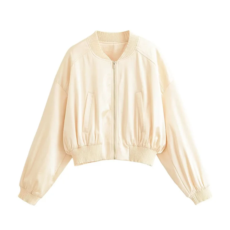 Guobioziy 2026 Autumn New Women Cropped Bomber Jacket Full Zip Long Sleeve Relaxed Fit Urban Office Casual Outerwear
