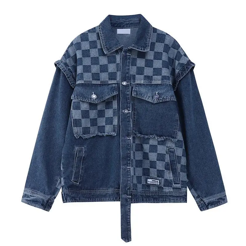 

Checkerboard patchwork cardigan washed denim jacket women's retro trend loose jacket top trend jaqueta feminina inverno