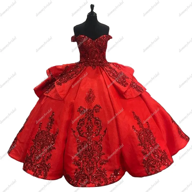 Lujoso Vestido De fiesta rojo brillante con lentejuelas, sin hombros, quinceañera, fiesta De graduación, 15, 16 años