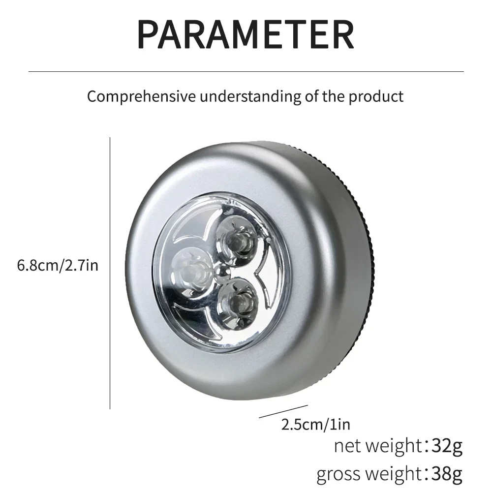 1/2/3pcs 3 LED Touch Control Night Light Round Lamp Under Cabinet Closet Push Stick On Lamp Home Kitchen Bedroom Automobile Use