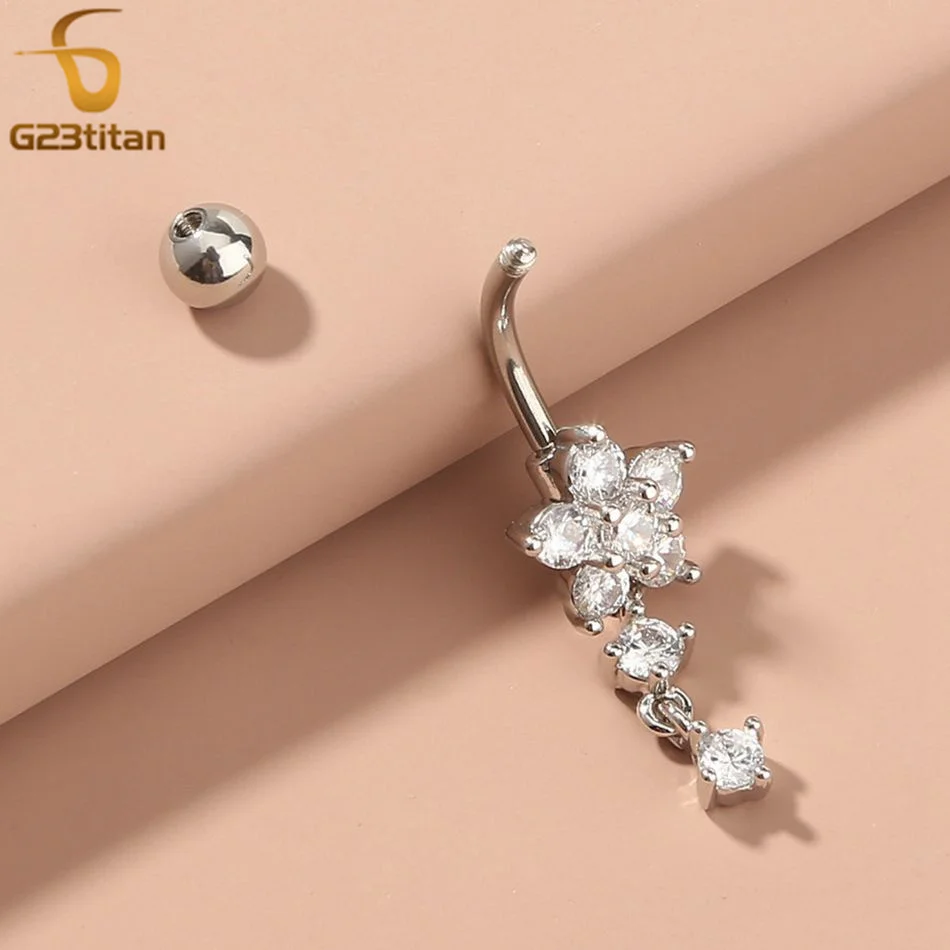 G23titan 14G Surgical Titanium Bar Belly Button Ring CZ Zircon Flower Dangle Crystal Women Navel Ombligo Piercing Body Jewelry