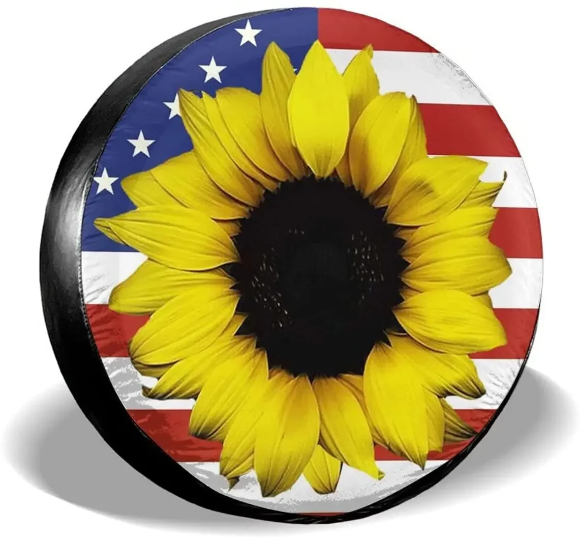 Sunflower American Flag Spare Tire Cover Universal Sunscreen Waterproof Wheel Covers Dust-Proof Fit for  Trailer RV SUV