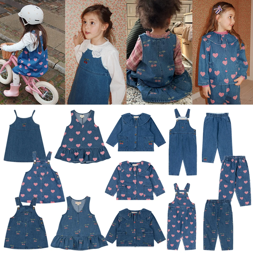 Children Clothes Set 2024 KS Girls Cute Print Dress Overalls Toddler Kid Jeans Braces Jacket Girl Denim Sling Dresses Jean Pants