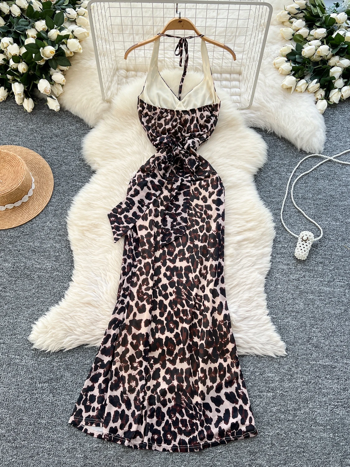 Foamlina feminino luxo sexy com decote em v leopardo impressão vestido longo feminino sem costas sem mangas apertado cauda de peixe halter suspender vestido