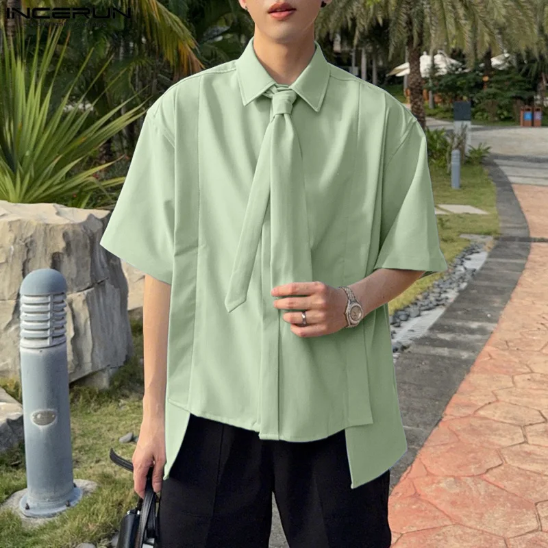 INCERUN Men's Shirt Solid Lapel Short Sleeve Oversize Korean Men Clothing With Tie Summer 2025 Streetwear Fashion Male Shirts