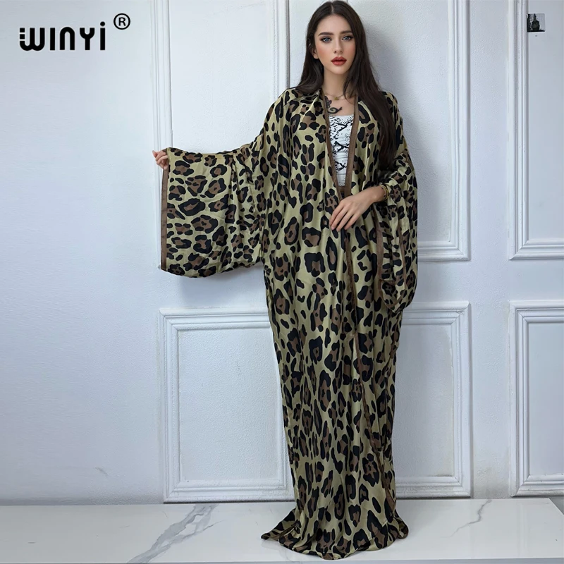 WINYI boho estampado de leopardo Kimono maxi vestidos para mujer cárdigan trajes de playa caftán cubrir vestido de fiesta de vacaciones abrigo largo