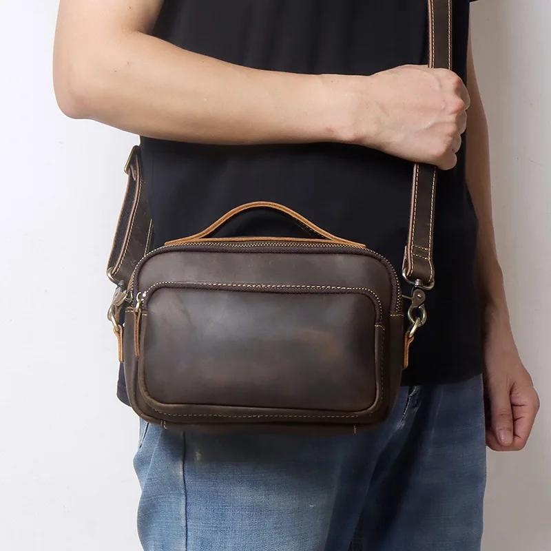 

Men's genuine leather single-shoulder hand-held small backpack, casual retro multi-pocket crossbody bag