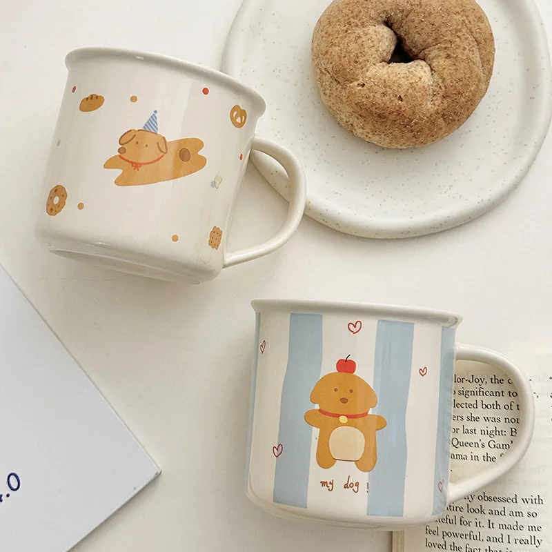 Cartoon Dog Pattern Ceramic Mug Retro Enamel‑Style Coffee Cup 380ml Home Office Milk Water Drinking Mug