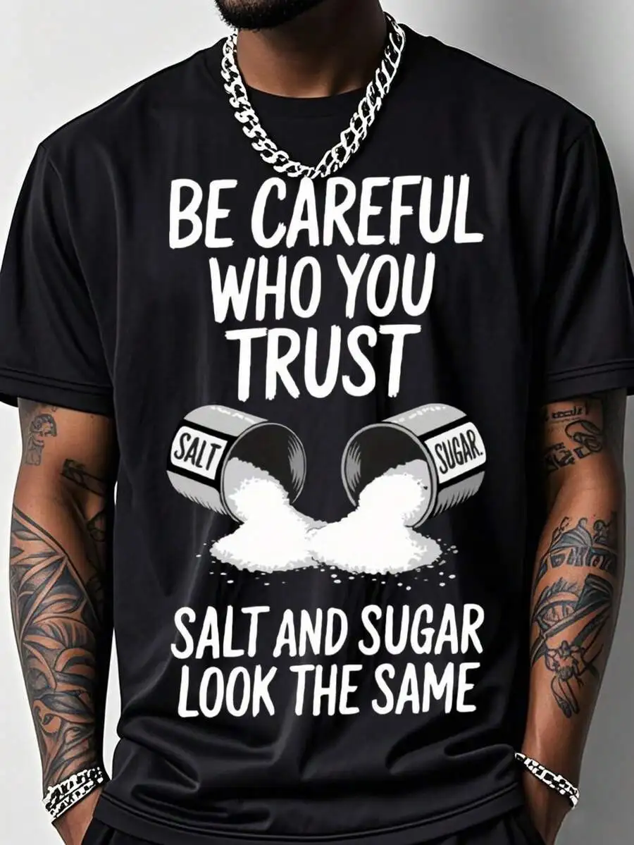 Men's Fun Fitness T-Shirt With Salt And Sugar Trust Print Loose Fit Breathable Short -Salt Bottle Design Clothing, Suitable For