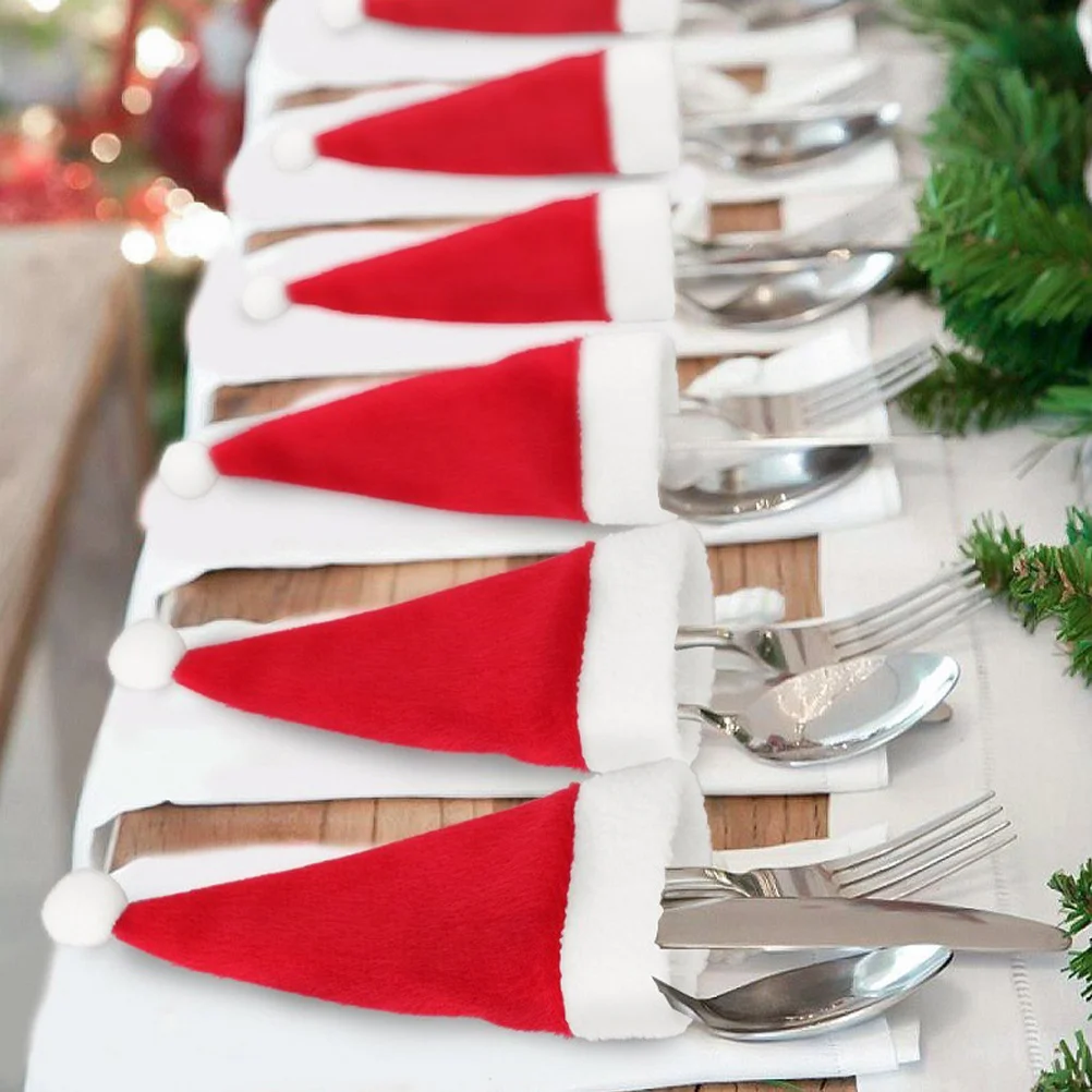 

25pcs Mini Christmas Hat Knife Fork Set Wine Bottle Ornament Silverware Holder Holiday Decor Festive Table Accessories Kitchen