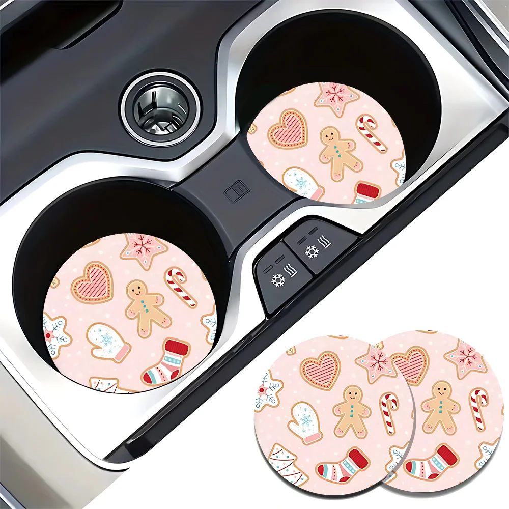 2pcs Pink Christmas Car Coasters Cute Cartoon Gingerbread for Man, Candy Cane Snowflake Design Non-Slip Rubber Mats