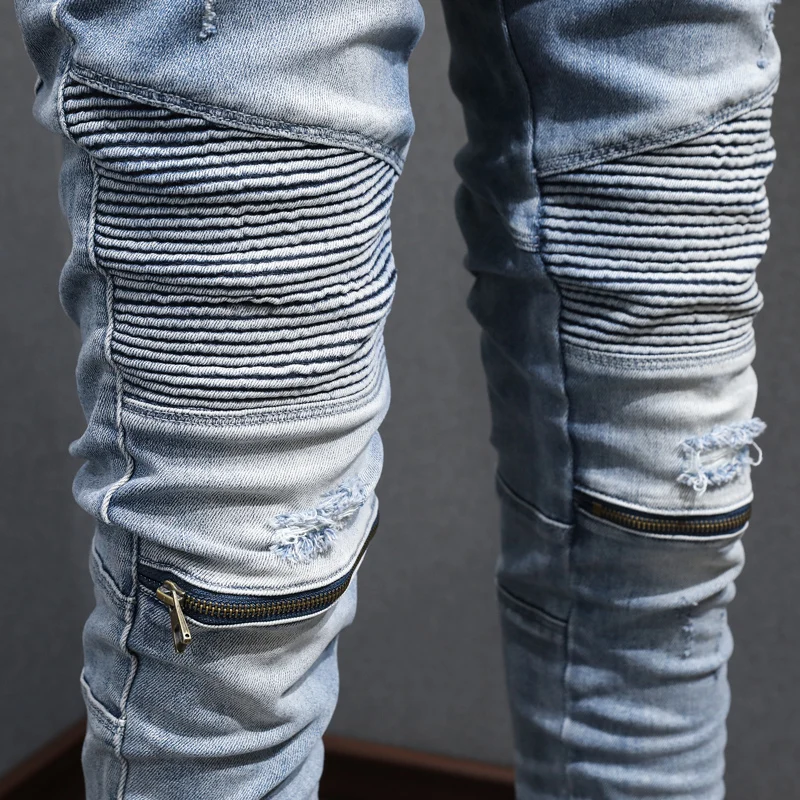 Street Fashion Men Jeans Retro Light Blue Elastic Slim Fit Spliced Biker Jeans Homme Zipper Patched Designer Hip Hop Pants Men