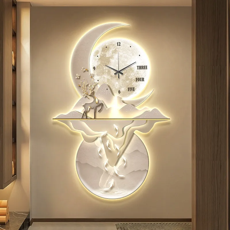 Nine Fish Graph Entrance Luxury Wall Clock Large-Scale LED Digital Clock Corridor Mural Lamp Villa Mute Wall Clock Home Decor
