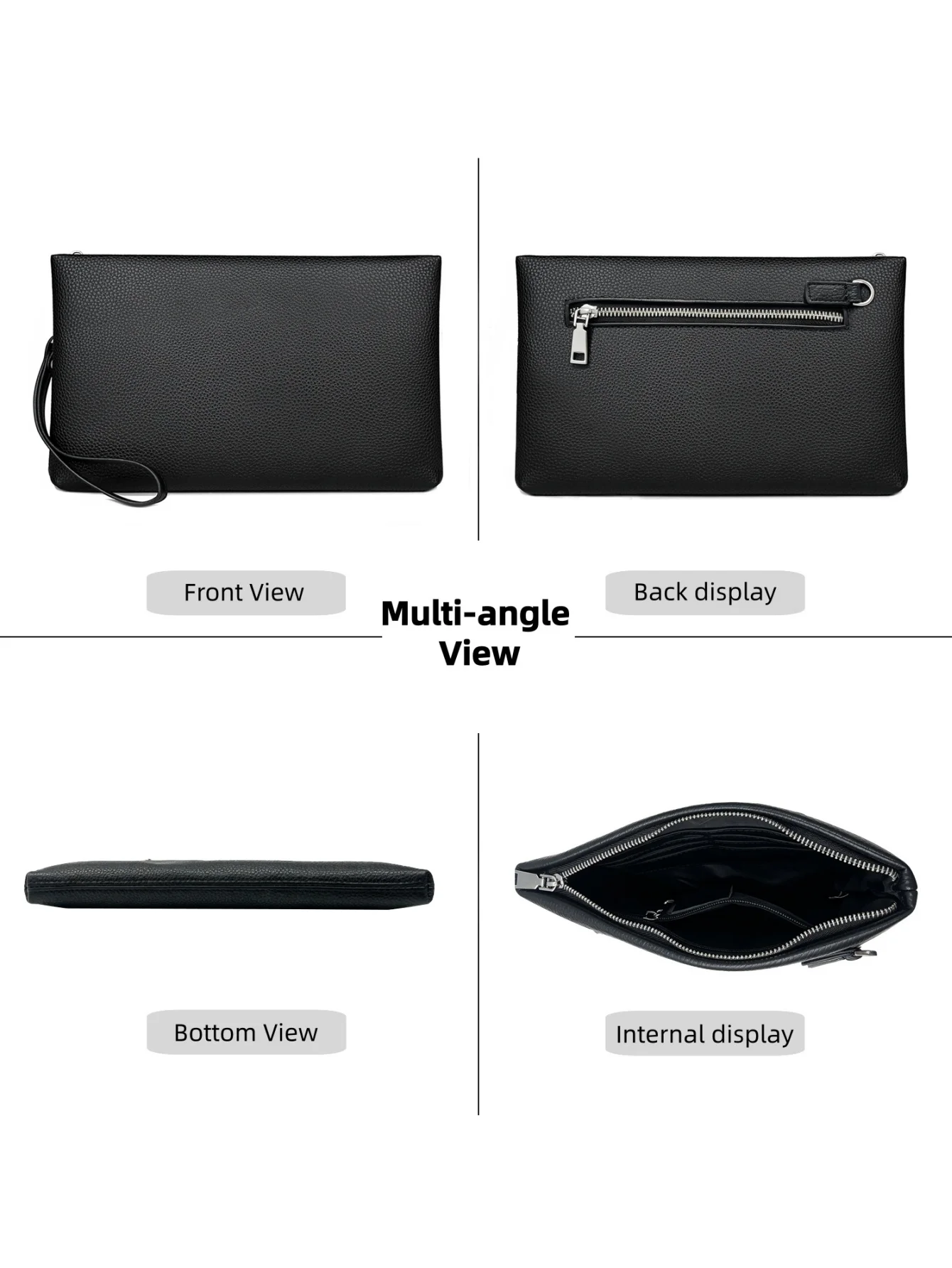 Herren-Clutch aus genarbtem Echtleder, große Handtasche mit Diebstahlschutz-Reißverschluss und 6 Kartenfächern – Detail 4
