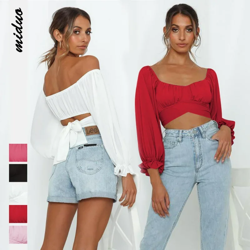 

Women's Square Neck Tee Ruffle Long Sleeve Frill Smock Solid Chiffon Cute Off Shoulder Tie Up Back Crop Tube Top Bardot Blouse