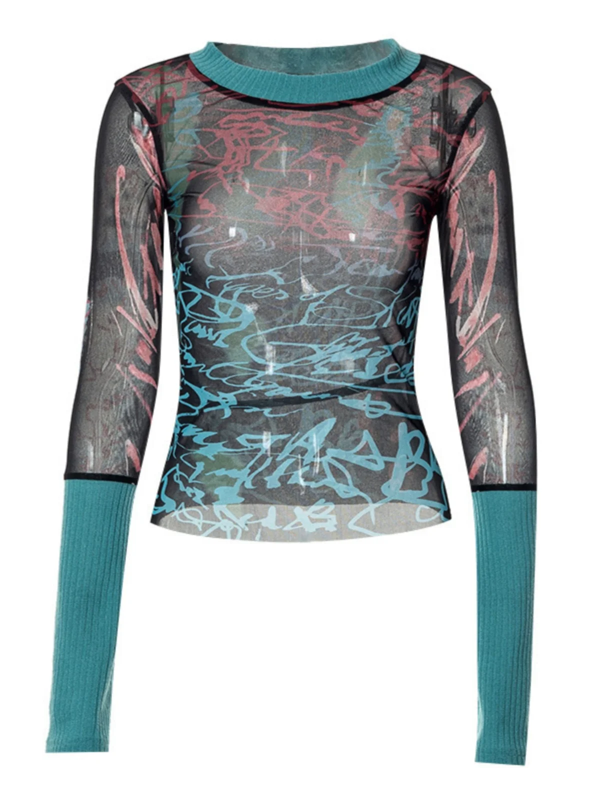 エレガントなメッシュプリントカジュアルトップスリムフィットポリエステル長袖Tシャツラウンドネック夏のファッショントレンドガールスタイルQ22TP540